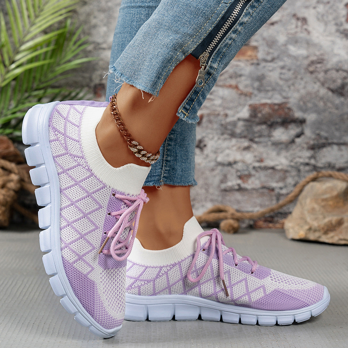 Baskets en maille Colorblock à carreaux et lacets, chaussures décontractées, mode, respirantes, de marche, de course, de sport pour femmes