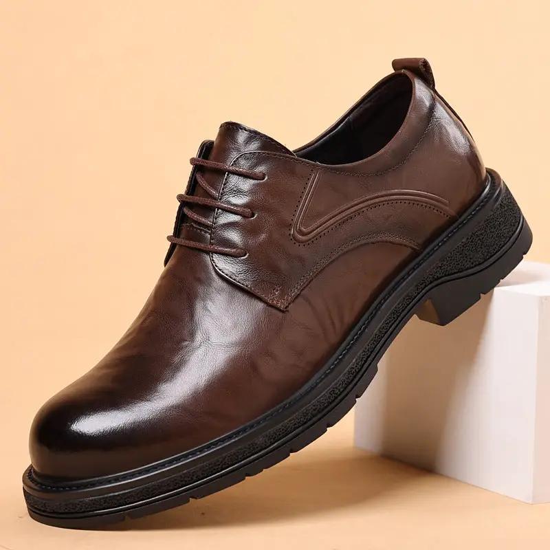 AdTec leather men's oxford shoes, brown genuine leather with thick sole for casual formal wear