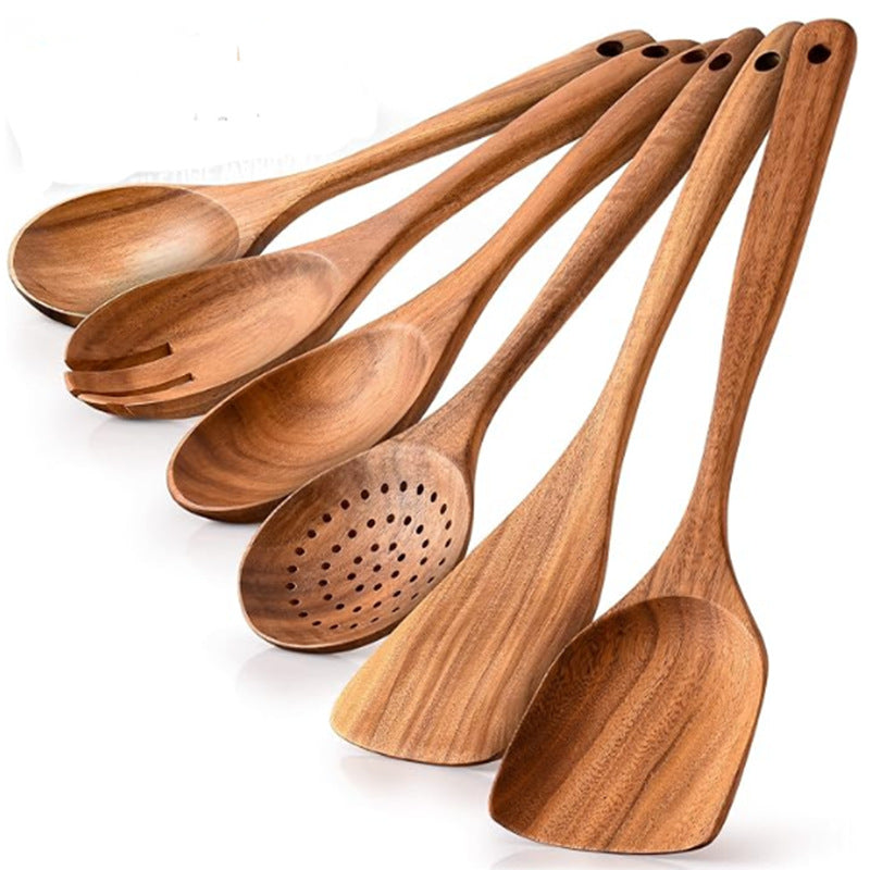 Espátula Utensilios de cocina Juego de pala con cabeza de teca para ensalada, sopa, pasta, cuchara de cocina