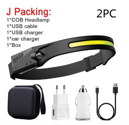 Linterna frontal de inducción LED COB, recargable por USB, resistente al agua, para camping, con todas las perspectivas, luz de caza