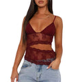 Lencería de encaje con espalda descubierta para mujer, top sin mangas con cuello en V, chaleco, bralette de color caramelo.