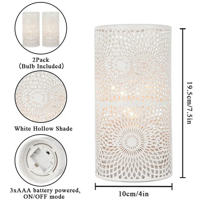 JHY DESIGN Battery Powered Table Lamps Set of 2 with white hollow lattice shade; 2 bulbs included, battery powered