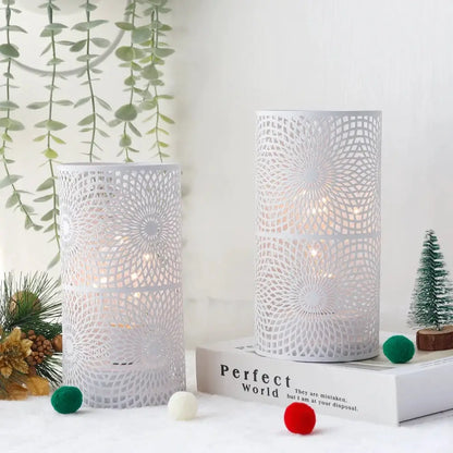 Battery-powered table lamp set of 2 with white perforated cylindrical metal shades, by JHY DESIGN.