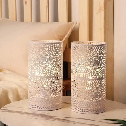 Battery powered table lamps set of 2 by JHY DESIGN, white cylindrical metal lamps with sunburst lattice pattern.