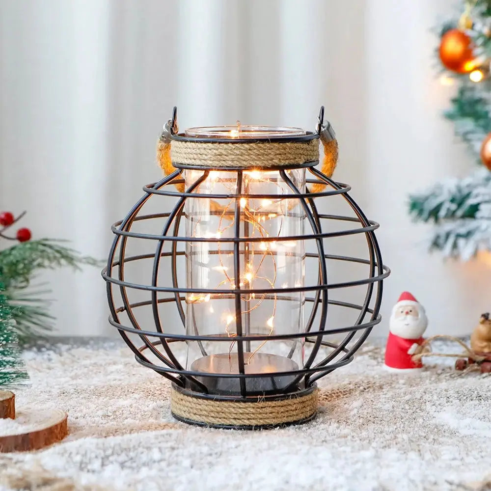 7.3-inch tall battery-powered table lamp with hemp rope cage and warm fairy lights by JHY DESIGN