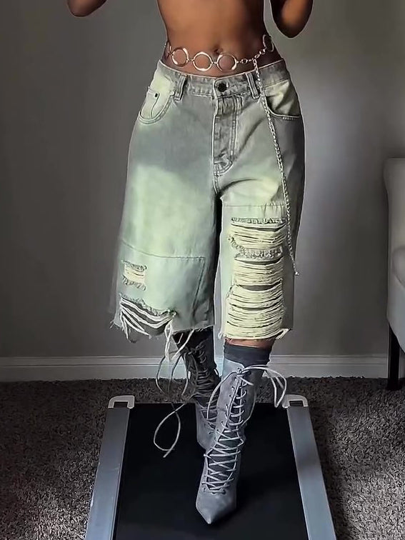 Pantalones Cropped Holgados de Mezclilla Desgastada Chic