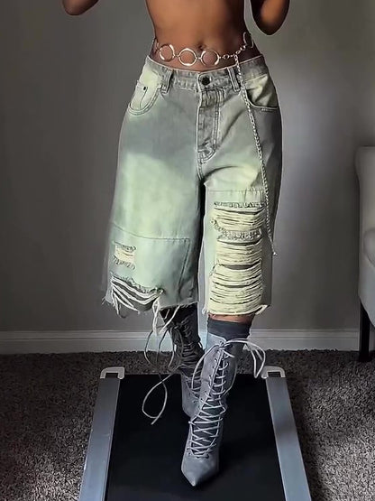 Pantacourt large en jean chic effet vieilli