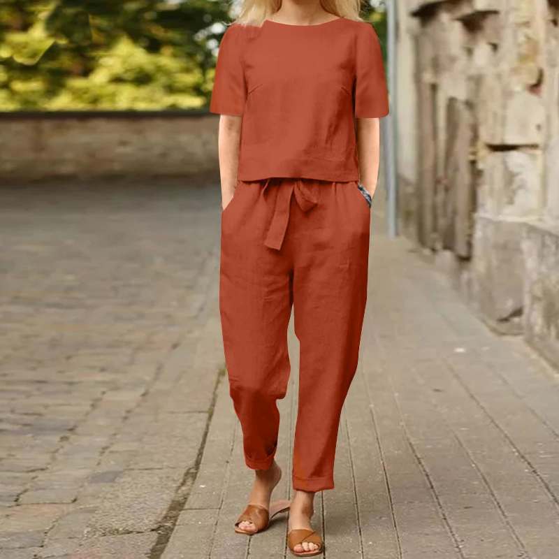Ensemble pantalon large en coton et lin pour femme