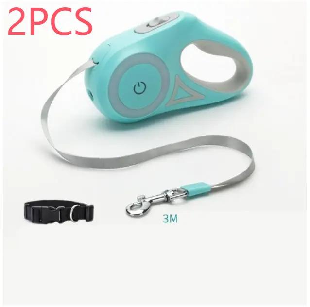 Dog leash and collar set by AdTec: turquoise retractable leash with gray cord and black collar (2 pieces)