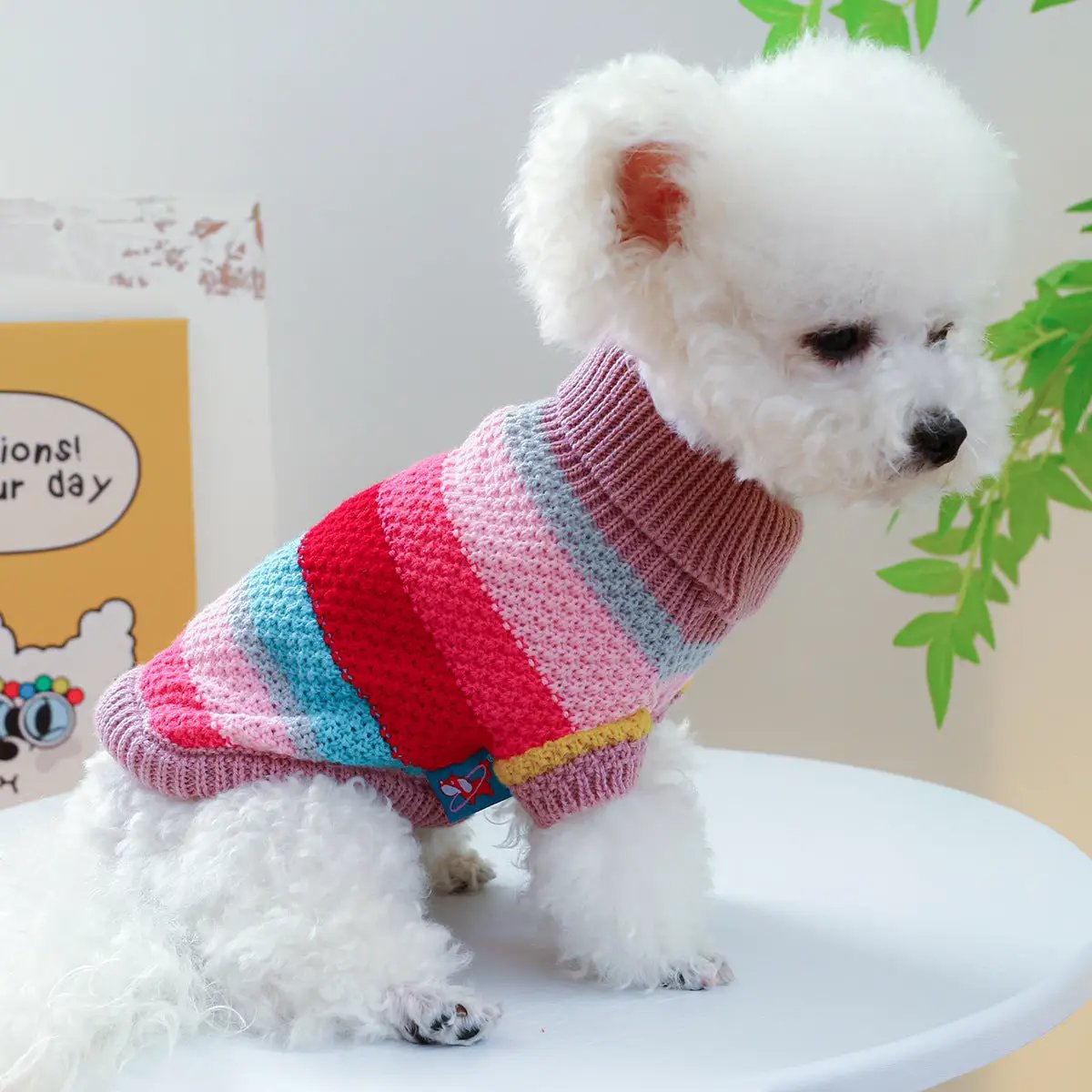 Pet sweater for dogs; colorful striped knit in pink, red, blue hues, AdTec.