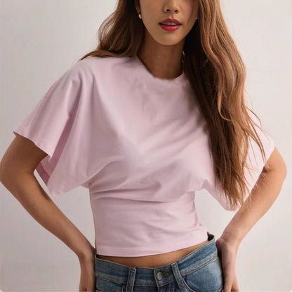 Camiseta de manga murciélago de verano con cuello redondo a la moda, top de manga corta tipo jersey para ropa de mujer