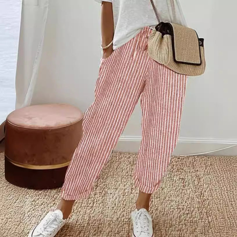 Pantalon décontracté d'été à rayures, ample, taille élastique pour femme
