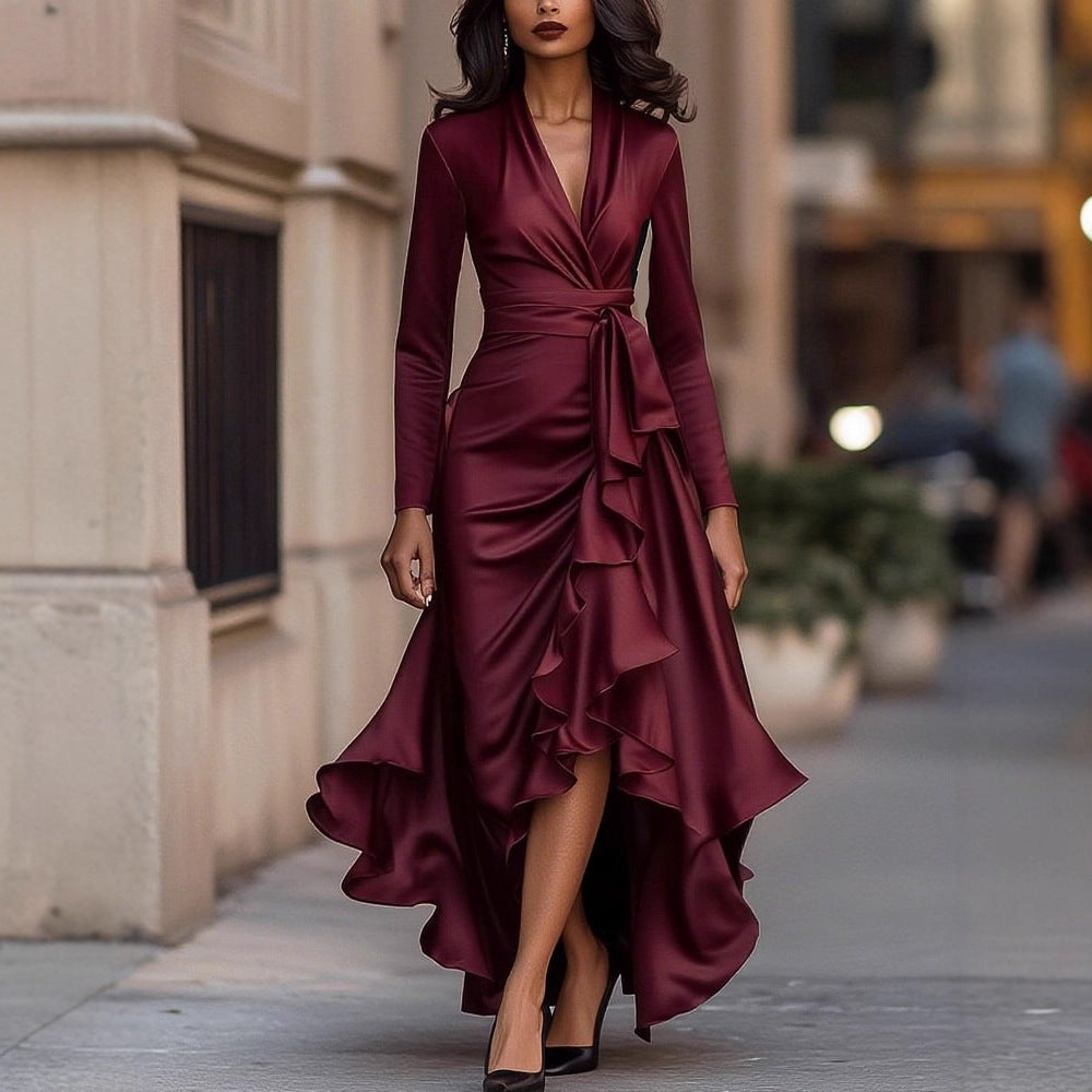 V-neck Waist Trimming Ruffles Elegant Dress