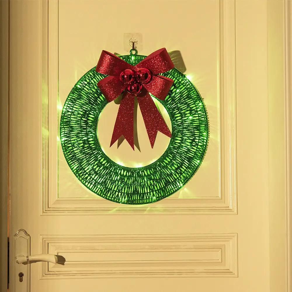 AdTec Christmas LED wreath, 50cm green metal garland with red glitter bow and warm light for door.