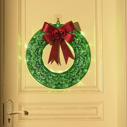 AdTec Christmas LED wreath, 50cm green metal garland with red glitter bow and warm light for door.