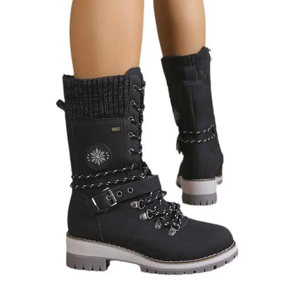 AdTec fur-integrated knee-high snow boots, black with knit cuff, lace-up with buckles, chunky sole