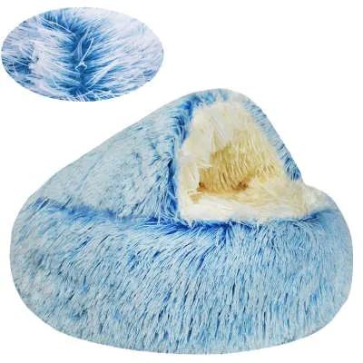Crystal velvet blue round cat bed with soft cream interior