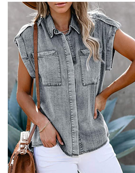 Chemisier en jean sans manches, nouveau style, coupe droite, poches, pour femme