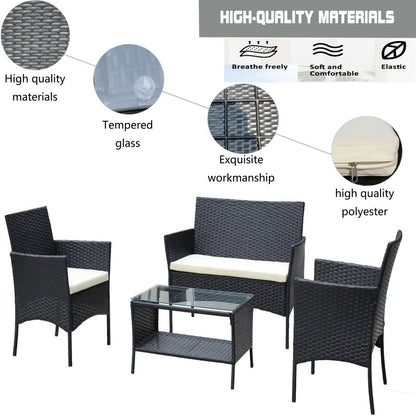 4 pc rattan patio furniture set in dark brown with beige cushions and glass-top coffee table