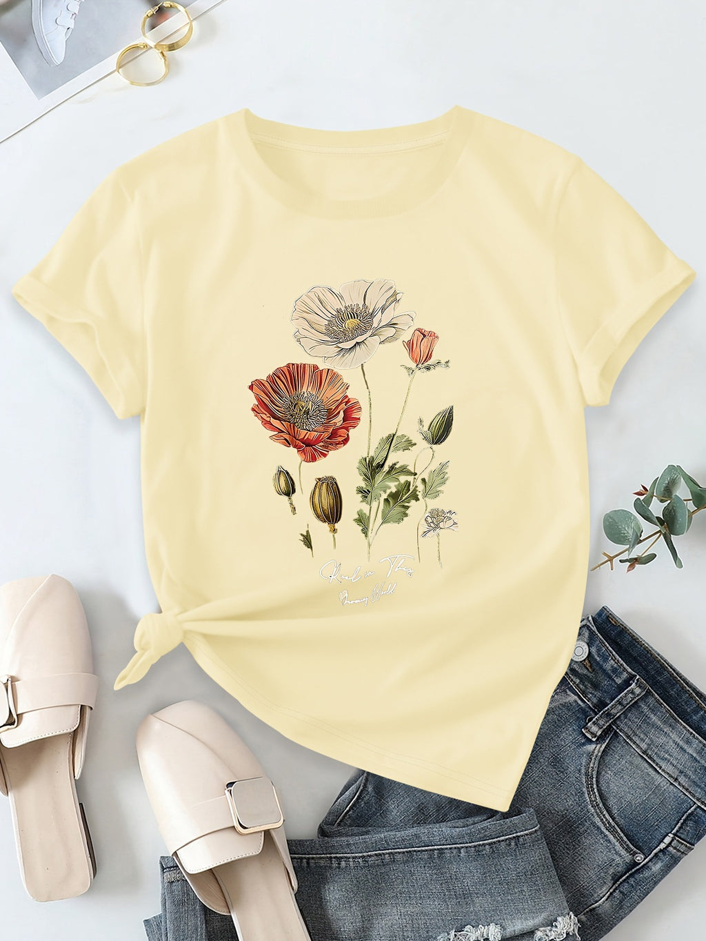 T-shirt à manches courtes et imprimé floral pour femme
