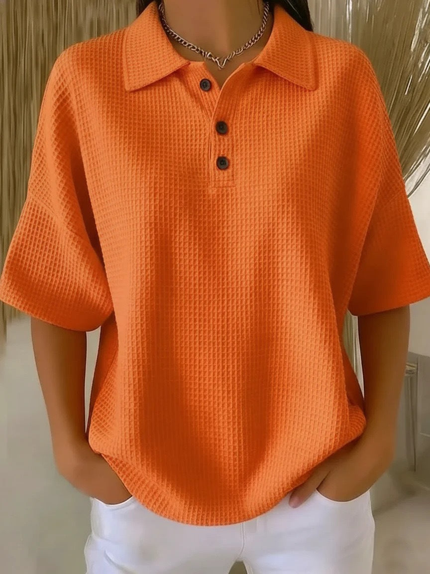 T-shirt boutonné en tricot gaufré à manches courtes, coupe pull, couleur unie