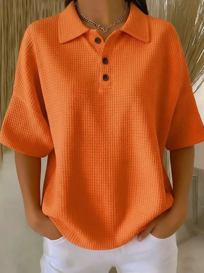 T-shirt boutonné en tricot gaufré à manches courtes, coupe pull, couleur unie