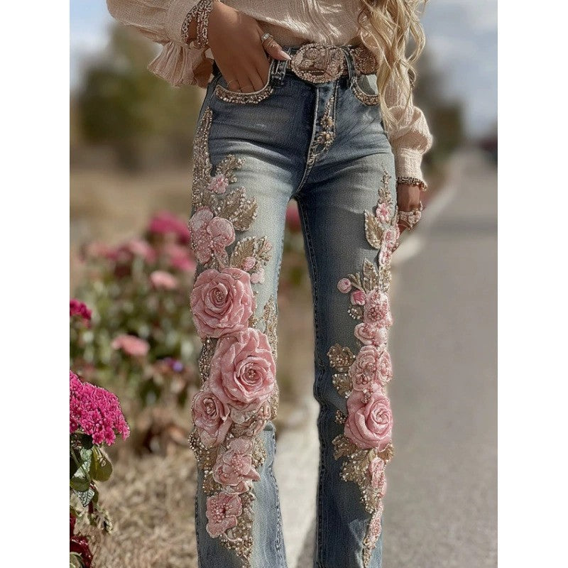 Pantalon en faux jean fleuri et coloré pour femme