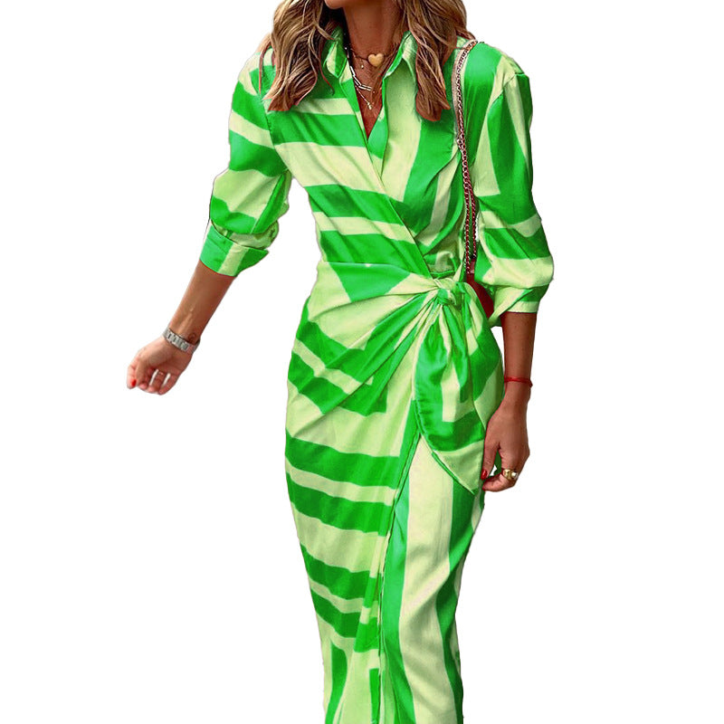 Robe à rayures imprimées de style européen et américain avec cardigan à lacets