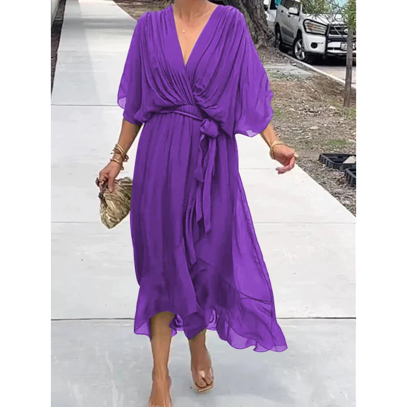 Vestido de verano con escote en V y manga murciélago de color liso con lazo irregular, vestidos largos para mujer