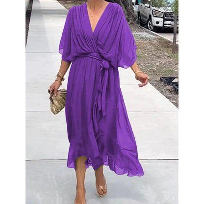 Vestido de verano con escote en V y manga murciélago de color liso con lazo irregular, vestidos largos para mujer
