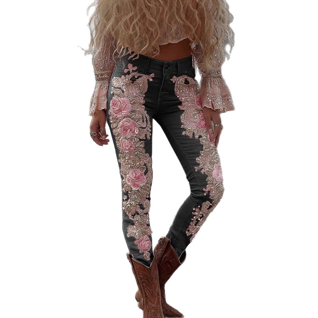 Pantalon en faux jean fleuri et coloré pour femme