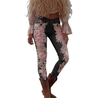 Pantalon en faux jean fleuri et coloré pour femme