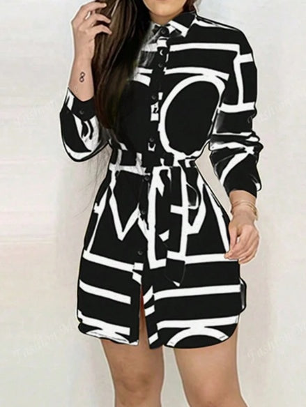 Robe Femme à Manches Longues avec Imprimé Intégral et Boutons, Modèle Tendance