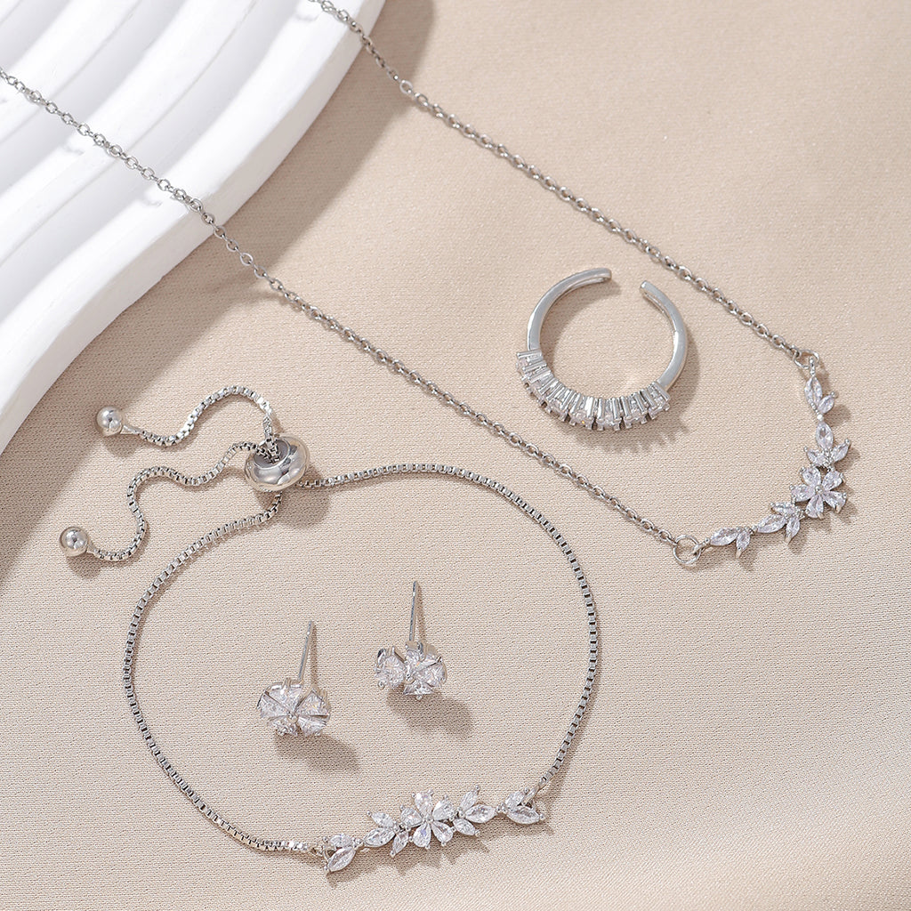 Sencillo y Elegante Conjunto de Joyas con Circonita Incrustada, Collar de Flores Plateado, Exquisitos Pendientes, Pulsera y Anillo, Adecuado para el Uso Diario y Festivo de la Mujer