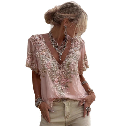 T-shirt à col en V et manches courtes imprimé 3D pour femme, au style élégant, artistique et vintage