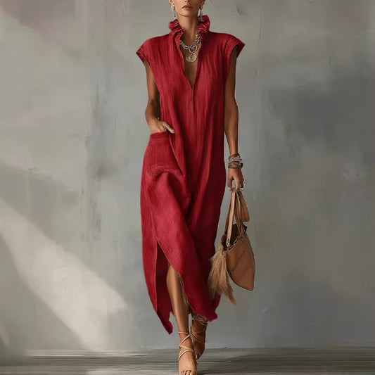 Vestido sin mangas de color liso de algodón y lino para mujer