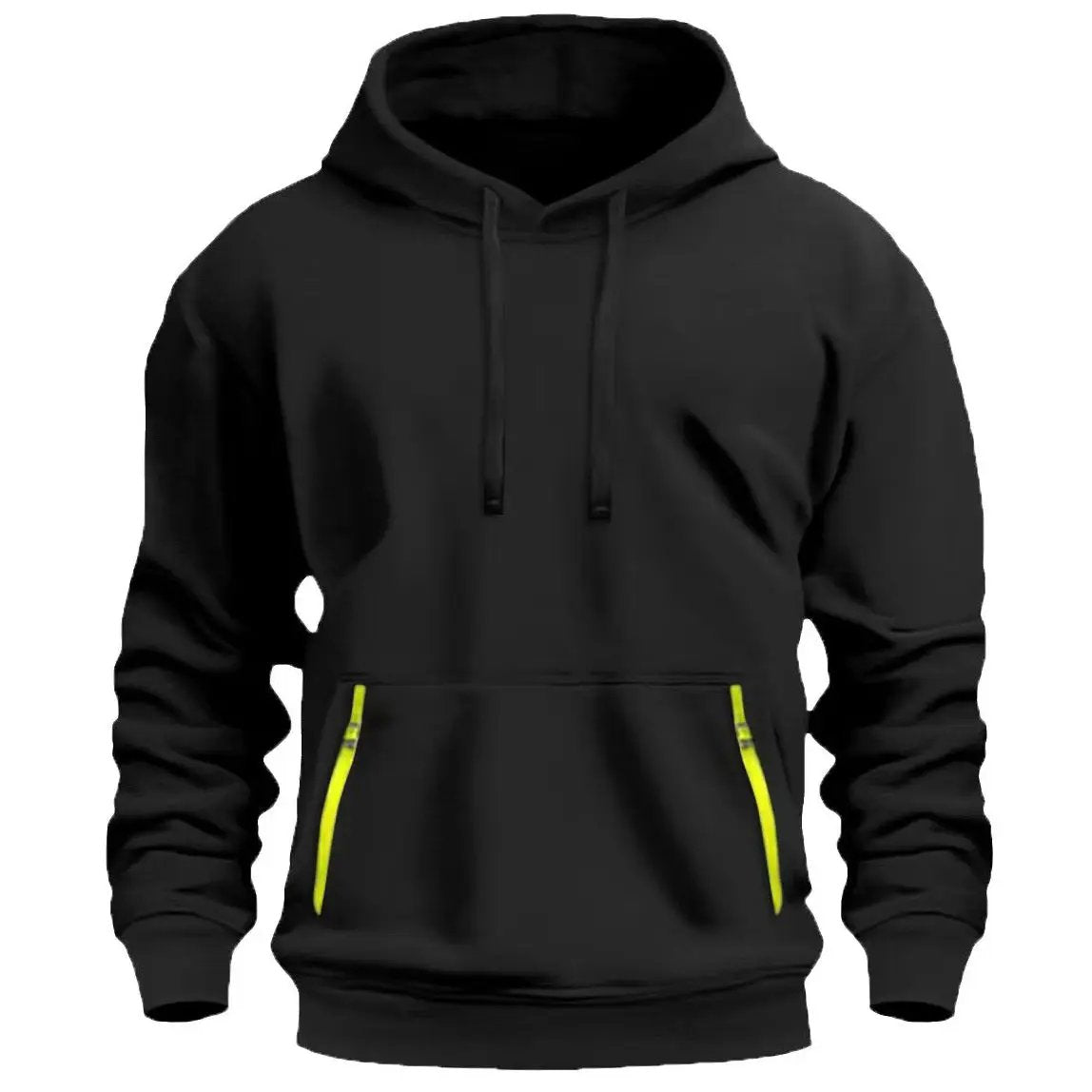New Fallwinter Men's Fleece-lined Hoodie by AdTec, black with neon yellow zip pockets.