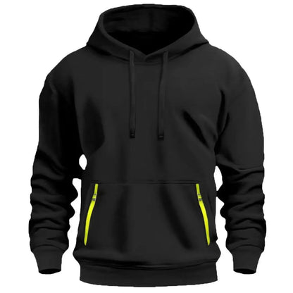 New Fallwinter Men's Fleece-lined Hoodie by AdTec, black with neon yellow zip pockets.