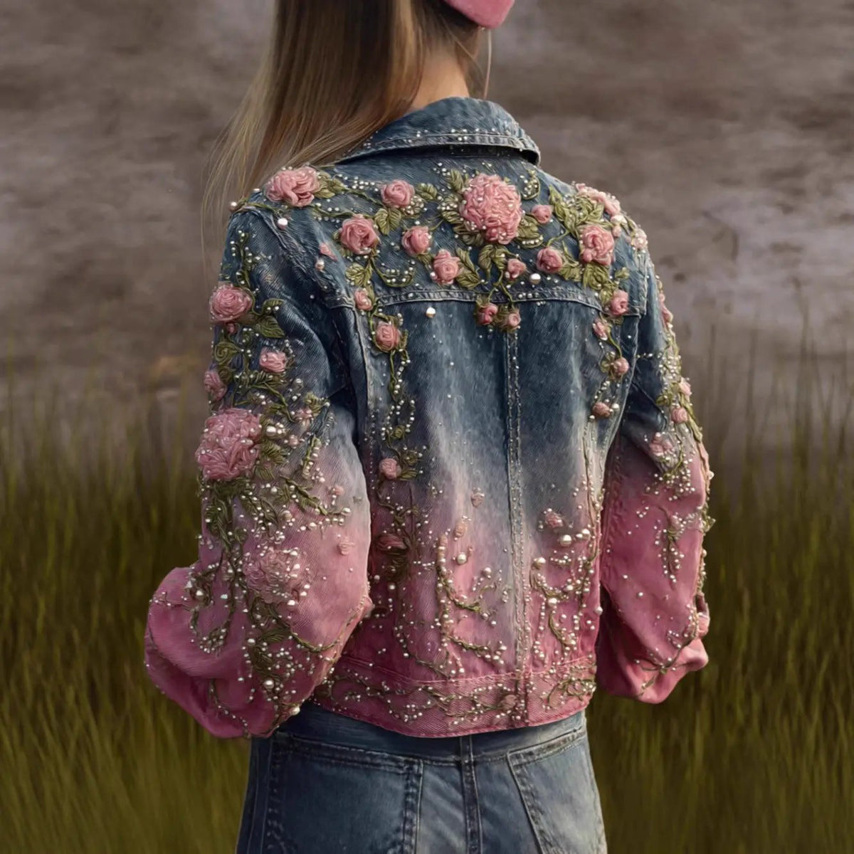 Autumn Retro Washed Long-Sleeve Denim Jacket with pink rose embroidery, pearl beads, gradient blue-to-pink wash, AdTec.