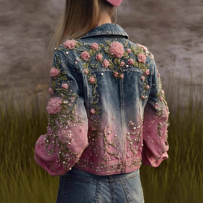 Autumn Retro Washed Long-Sleeve Denim Jacket with pink rose embroidery, pearl beads, gradient blue-to-pink wash, AdTec.