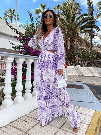 Robe longue élégante à col en V creux pour femme, robe longue à manches longues avec imprimé pour le printemps et l'été, robe à manches longues à col en V.