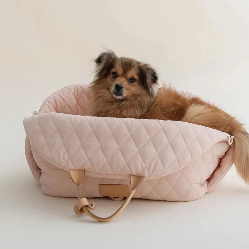 Pet Handbag Cat Carrier pink quilted fabric with beige carrying handles