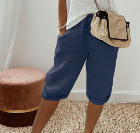 Shorts décontractés en coton et lin avec poches et taille élastique pour femme