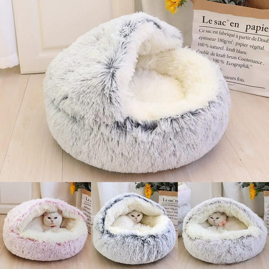 Deep Sleep Half-pack Semi-enclosed Plush Round Pet Bed; donut-style plush beds in pink, gray, and cream (set of 4)