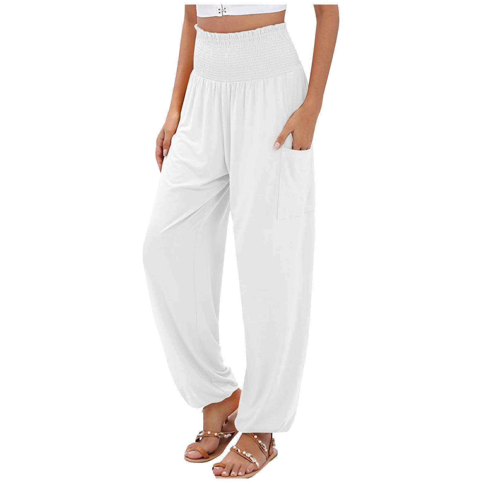 Pantalones casuales de talle alto y pierna ancha con cintura elástica
