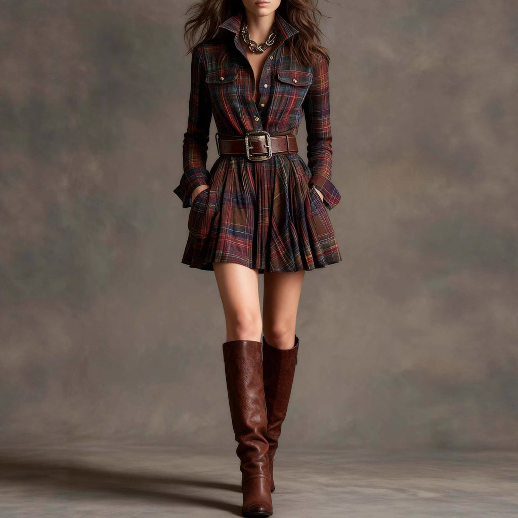 Robe courte élégante à carreaux à manches longues avec ceinture, style européen et américain