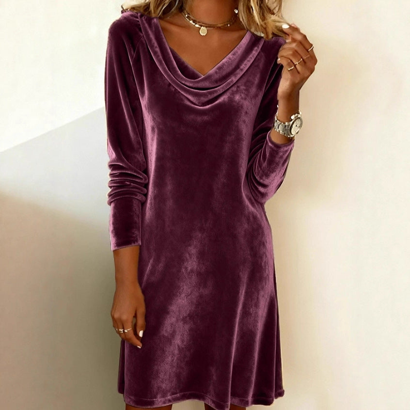 Élégante robe de soirée en velours à col drapé et manches longues de couleur unie, pour femme, tempérament doux, pour cocktails et événements formels