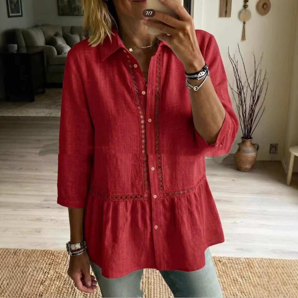Chemise en coton-lin à motifs floraux tissés et patchwork