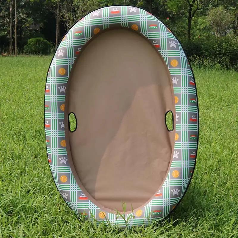 Dog swimming pool inflatable hammock bed by AdTec in green plaid with beige interior.