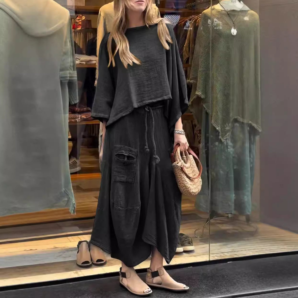 Traje de dos piezas de vestido holgado de color liso casual
